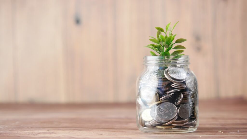 Glass jar with coins inside and a plant growing out of the top to reflect saving money